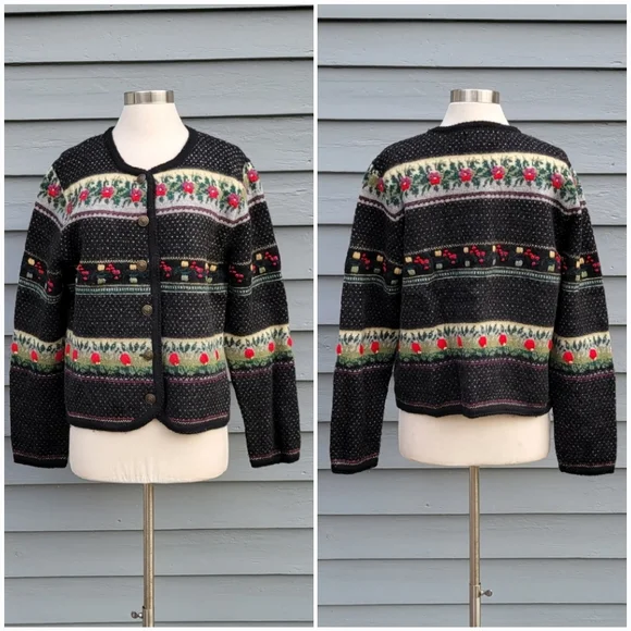 Vintage 90s y2k Tally Ho Fair Isle Icelandic Apres Floral Wool Cardigan Sweater - Picture 7 of 8